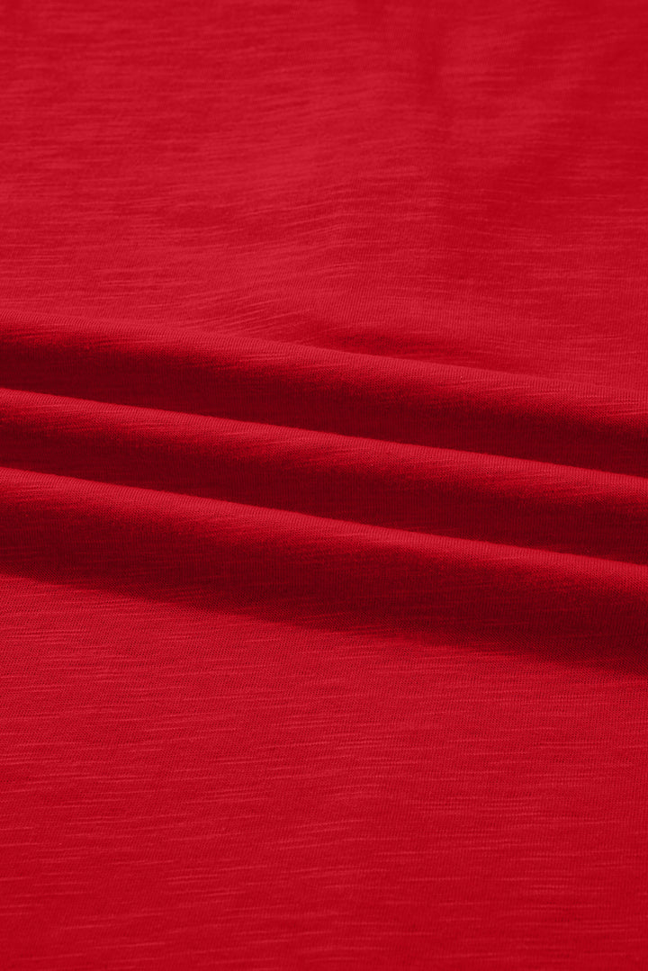 Racing Red Solid Color Button V Neck Long Sleeve Top