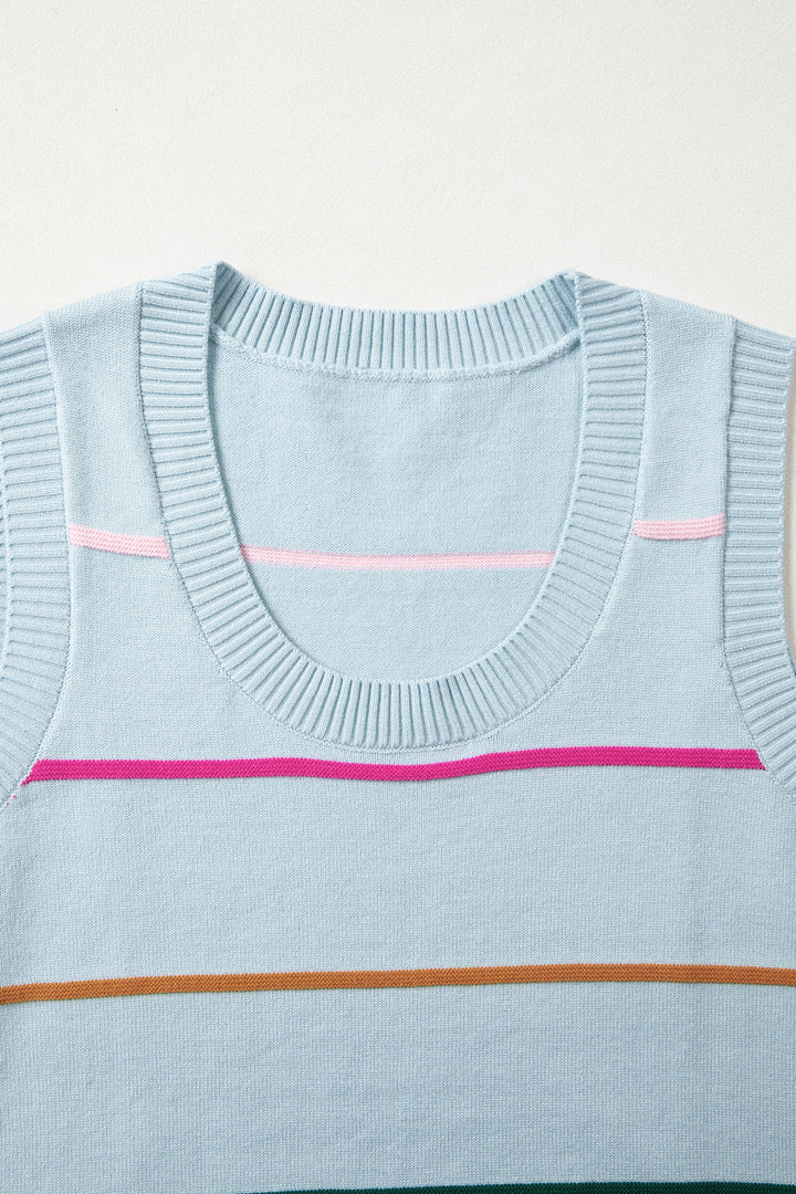 Sky Blue Stripe Round Neck Knitted Sweater Tank