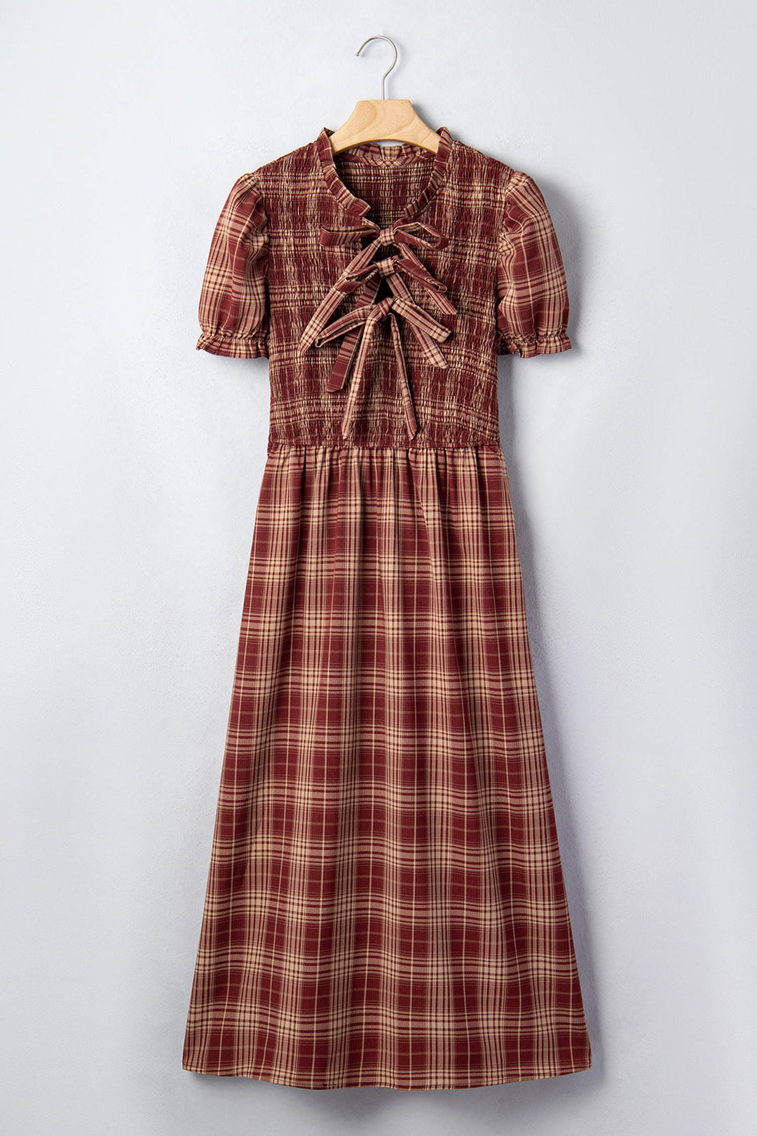 Red Vintage Plaid Knot Front Smocked High Waist Midi Dress