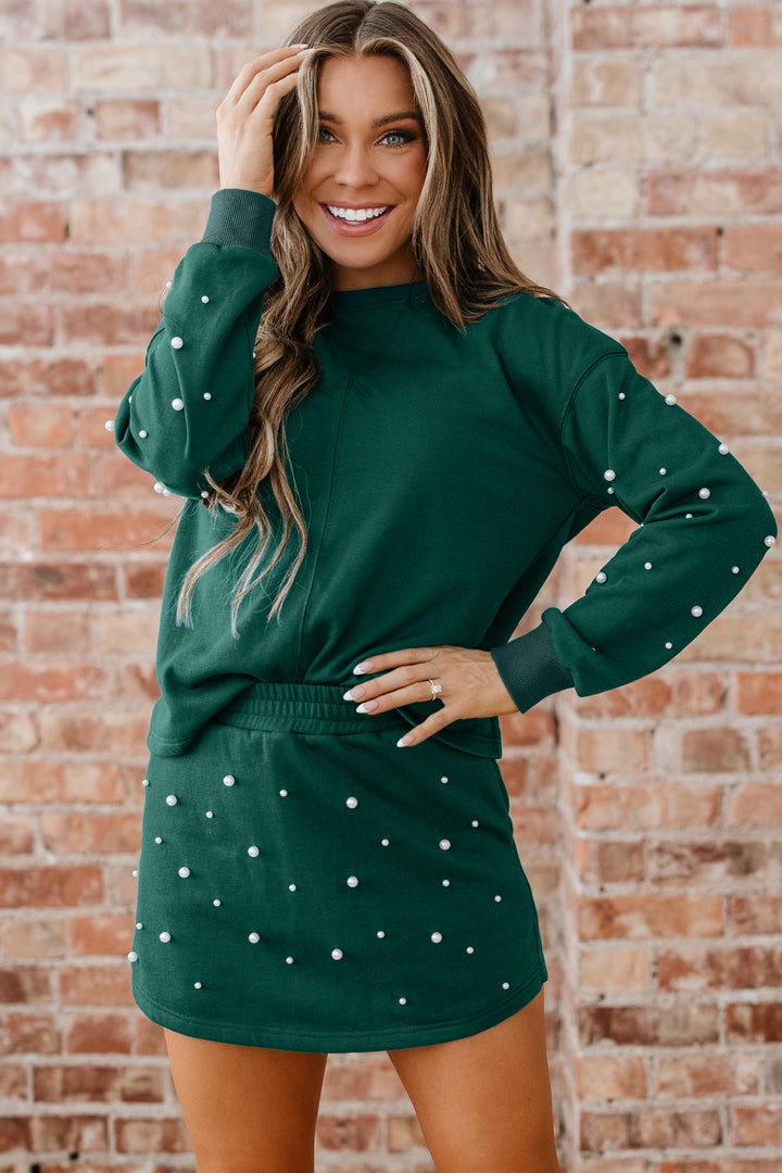Dark Green Pearl Embellished Pullover Elastic Waist Mini Skirt Set