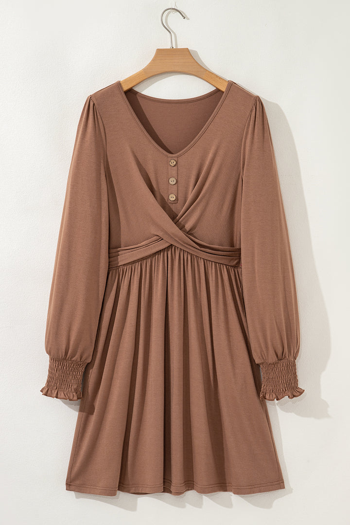 Chestnut Shirred Cuff Long Sleeve Button Mini Dress