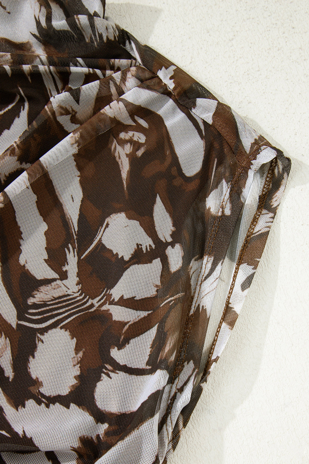 Abstract Print Mesh Cowl Neck Cap Sleeve Ruched Midi Dress with Slit