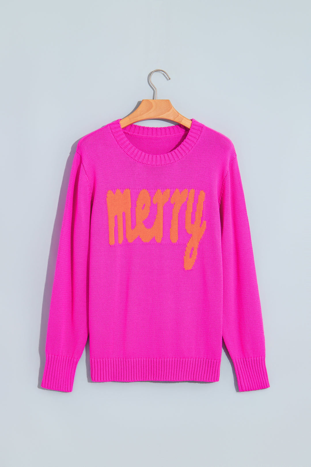 Rose Red Merry Print Ribbed Trim Round Neck Loose Fit Sweater