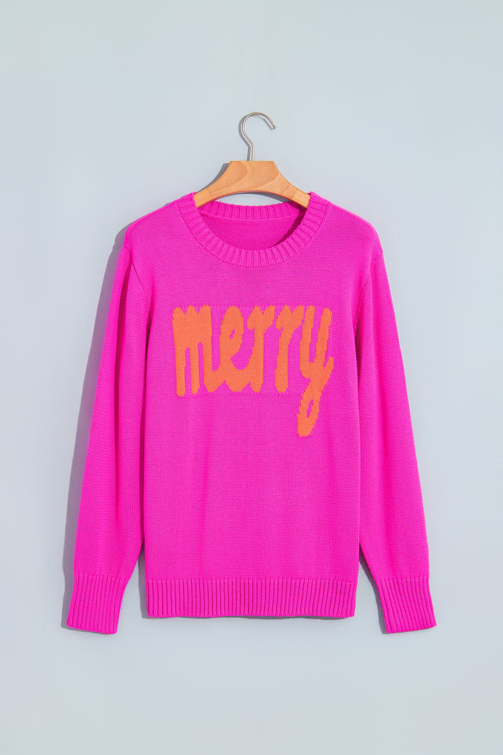 Rose Red Merry Print Ribbed Trim Round Neck Loose Fit Sweater