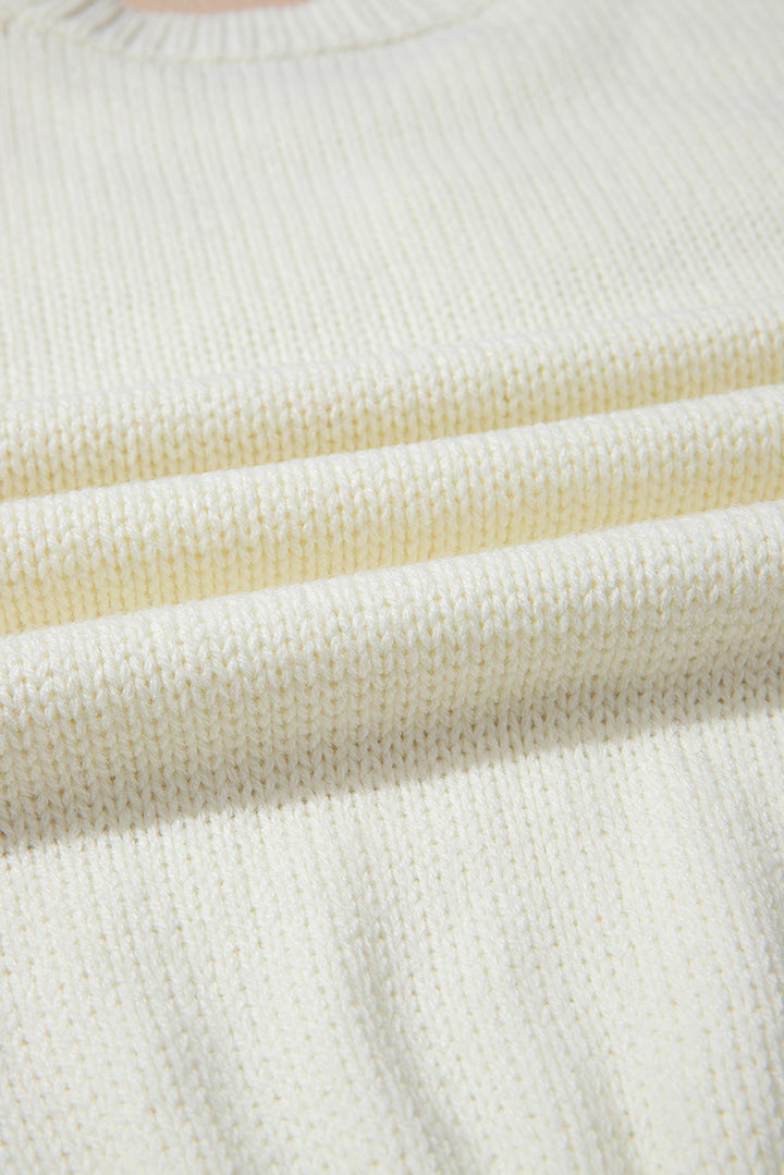 White Flower Detail Round Neck Contrast Textured Puff Sleeve Sweater