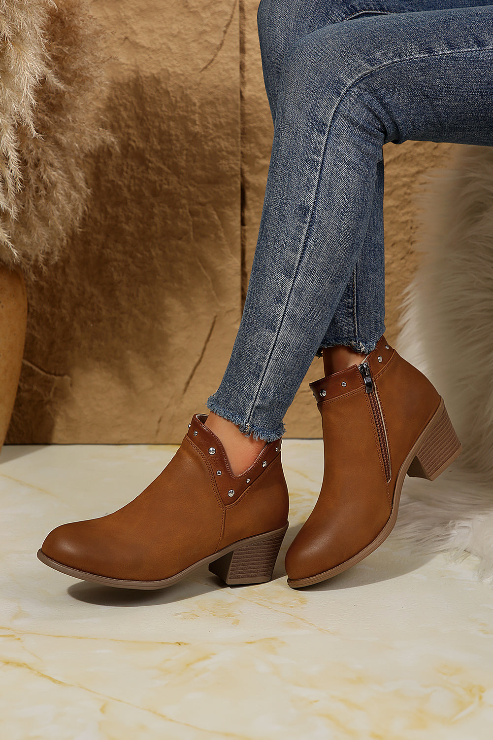 Studded Faux Leather Chunky Heel Ankle Boots