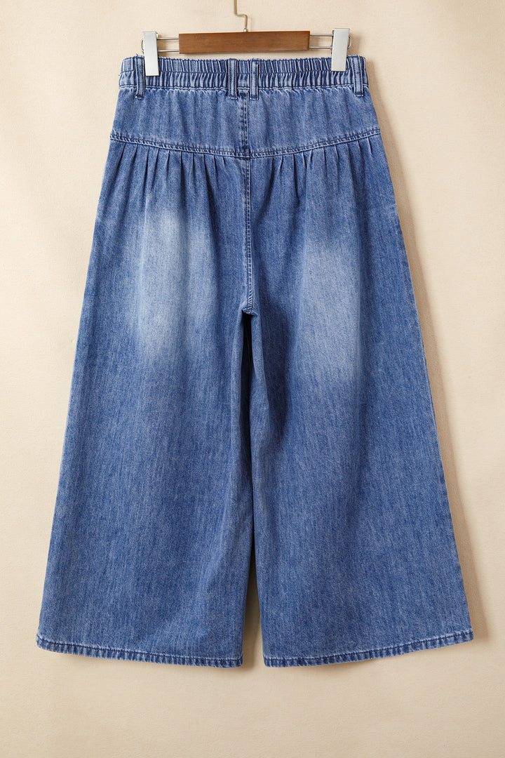 Dusk Blue High Rise Buttons Pleated Cropped Wide Leg Denim Pants