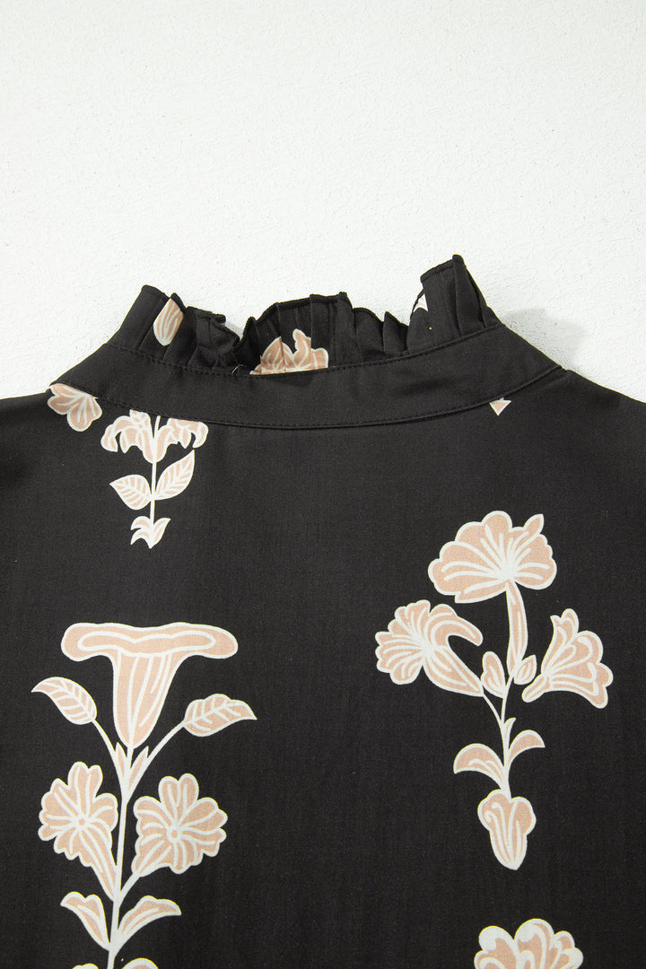 Black Frilled V Neck Puff Short Sleeve Floral Mini Dress