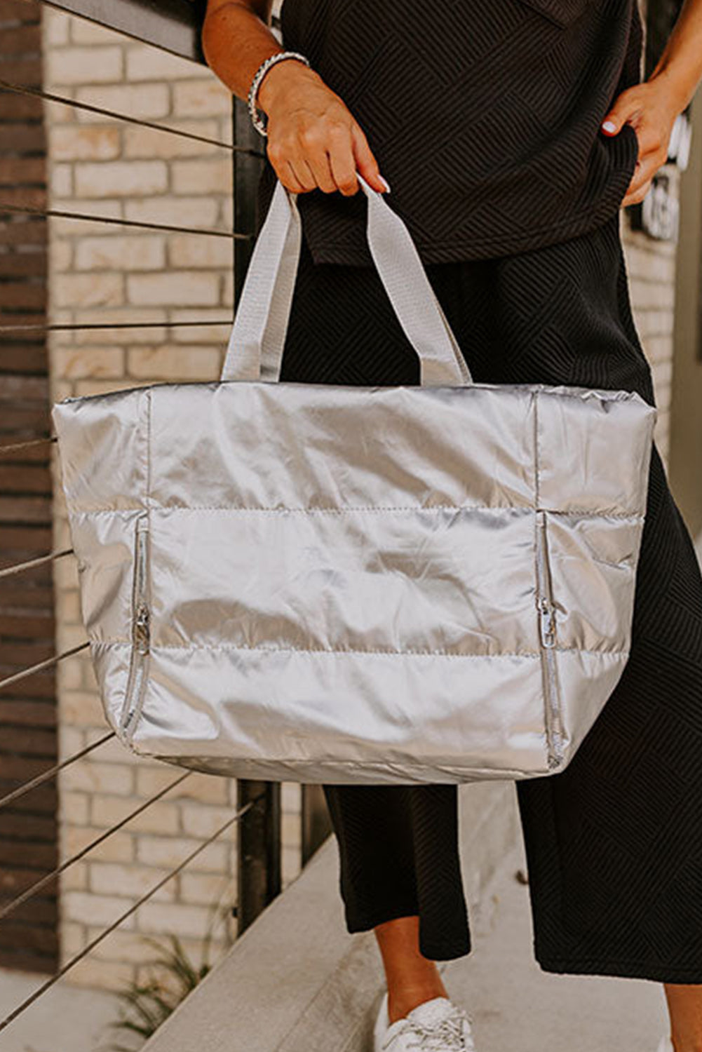 Solid Zipper Puffer Large Tote Bag