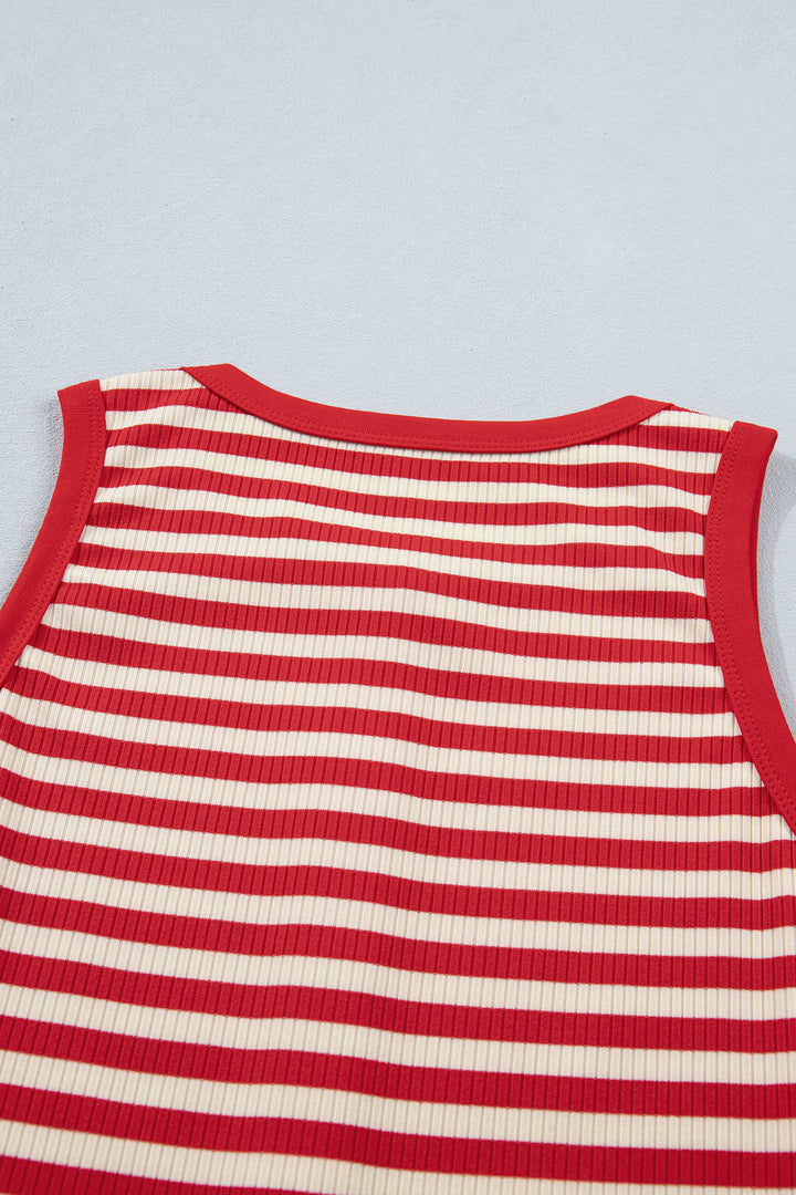 Red Stripe Buttoned Ribbed Knit Tank Top