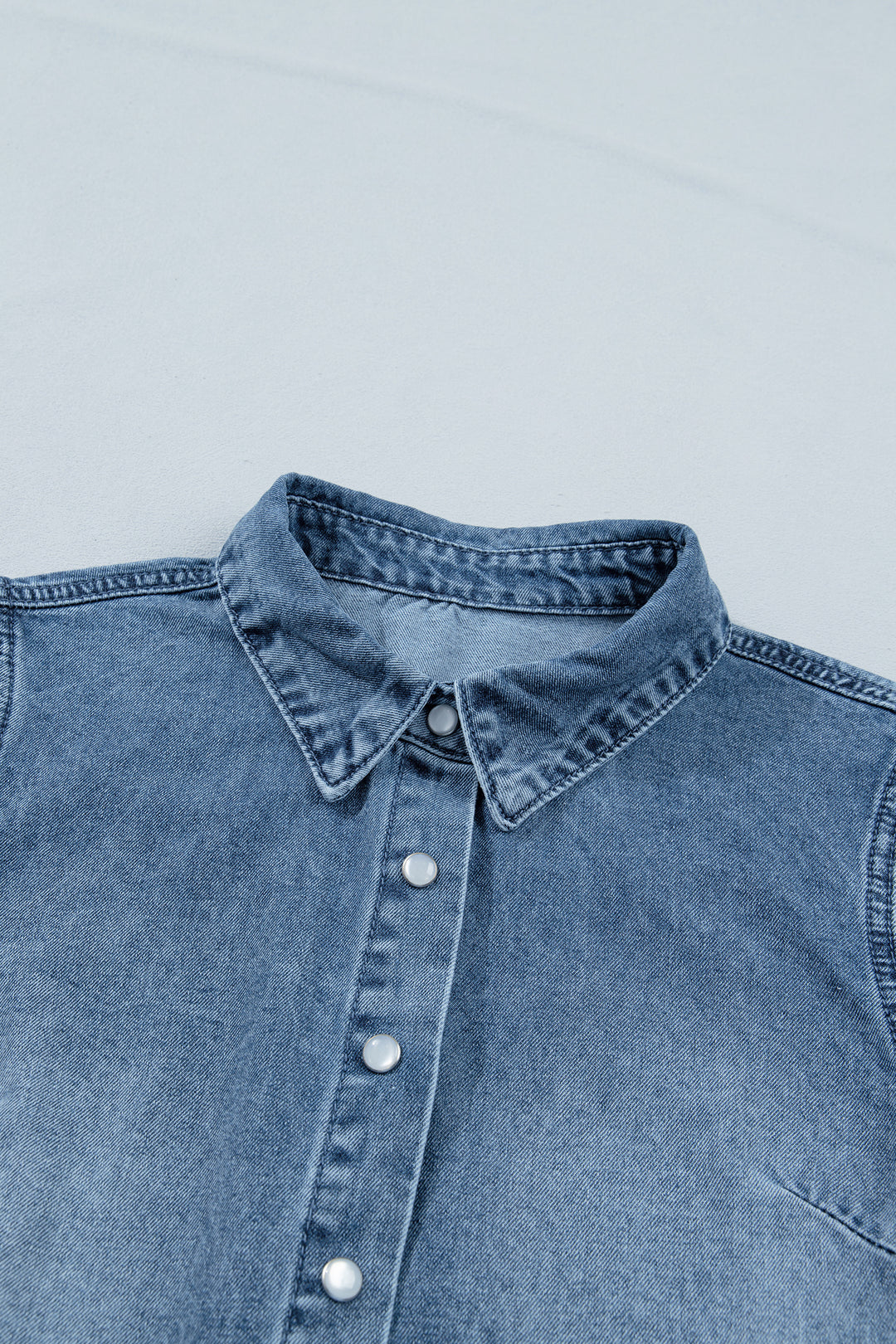 Beau Blue Frilled Short Sleeve Snap Button Denim Shirt