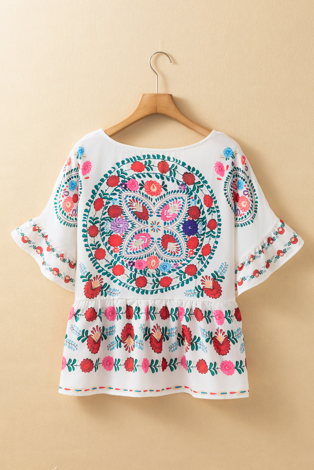 Boho Floral Print Round Neck Ruffle Trim Blouse