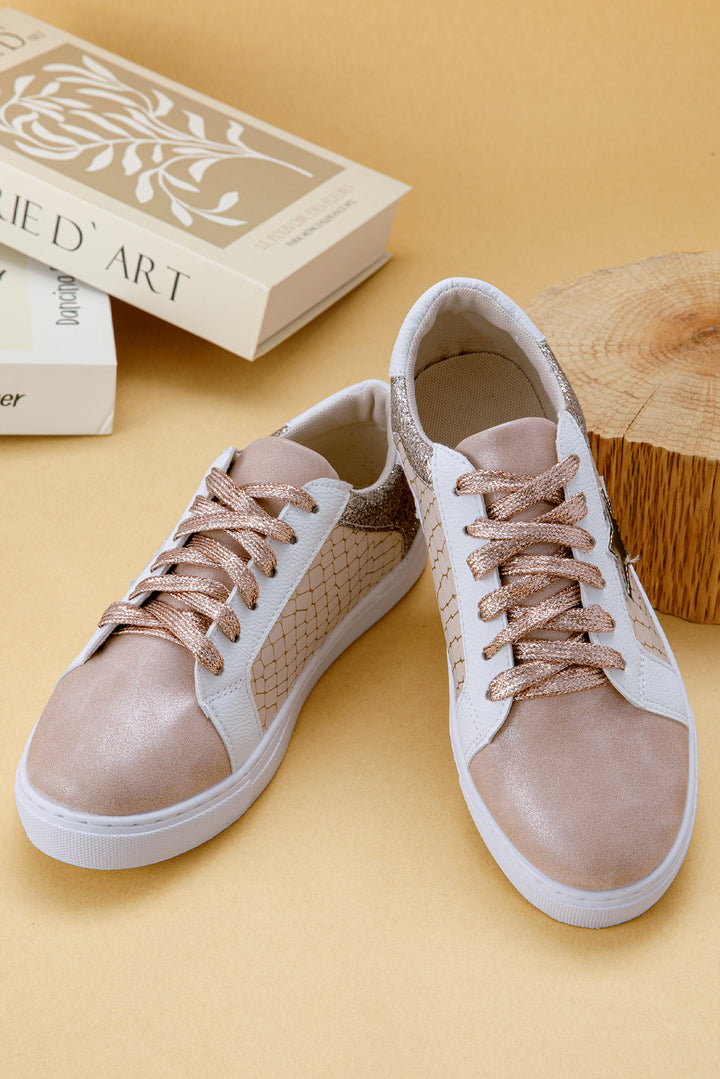 Schnür-Sneakers aus PU-Leder mit Glitzerstern-Patchwork 
