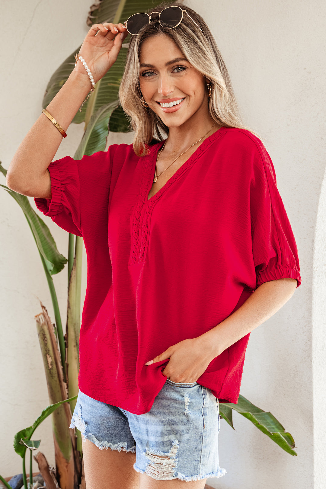 Braided Trim V Neck Half Sleeve Blouse