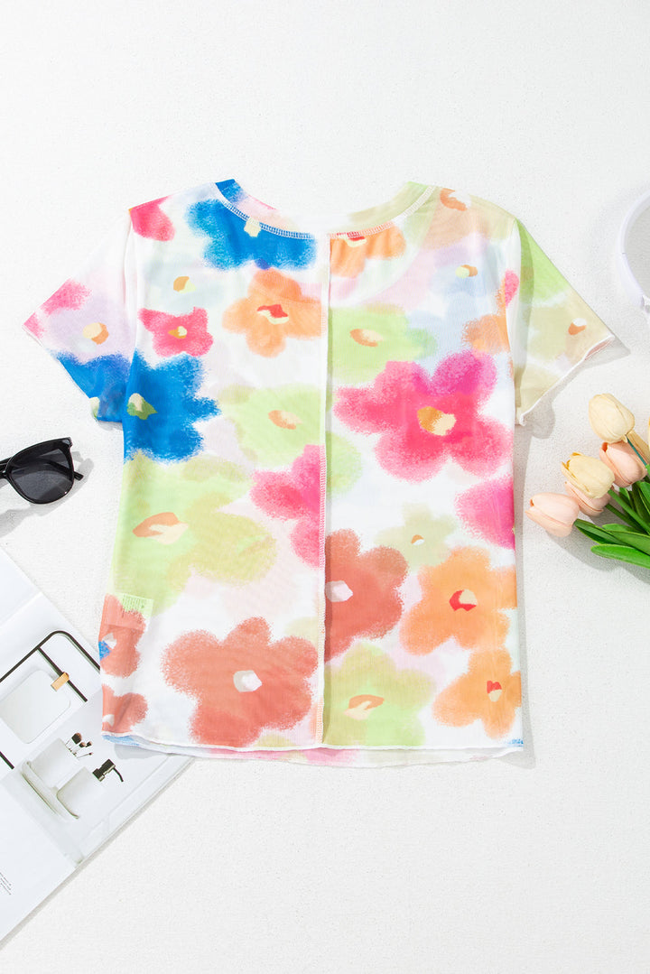 Floral Mesh Lettuce Trim Cropped T Shirt