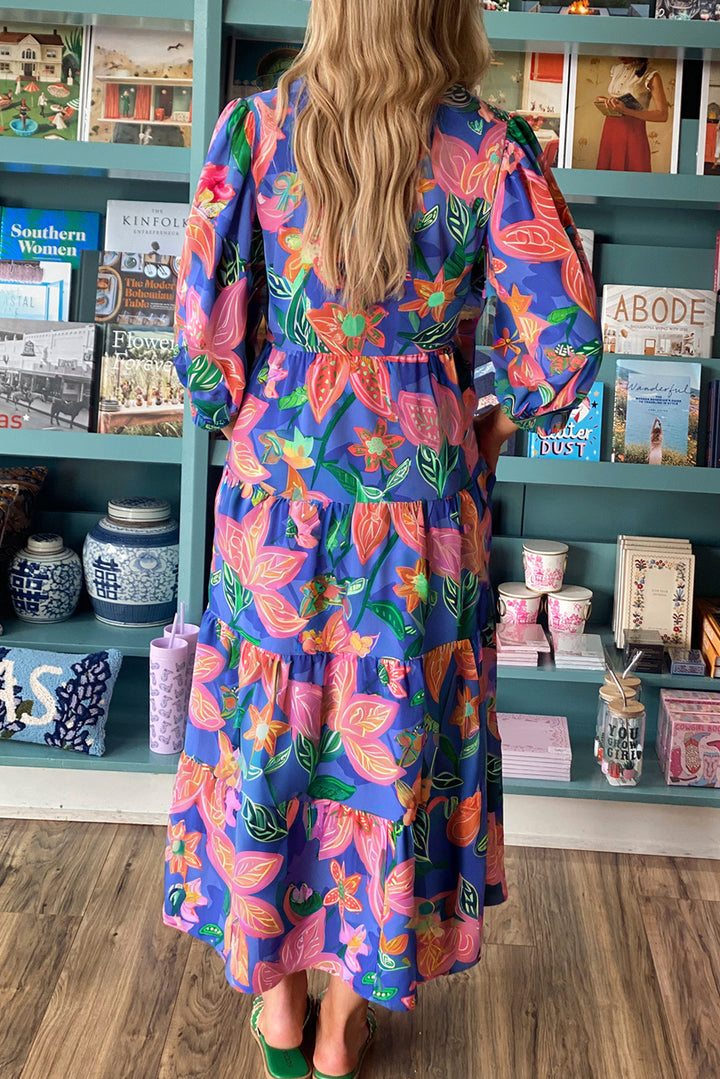 Blue Floral Print 3/4 Sleeve V Neck Tiered Long Dress