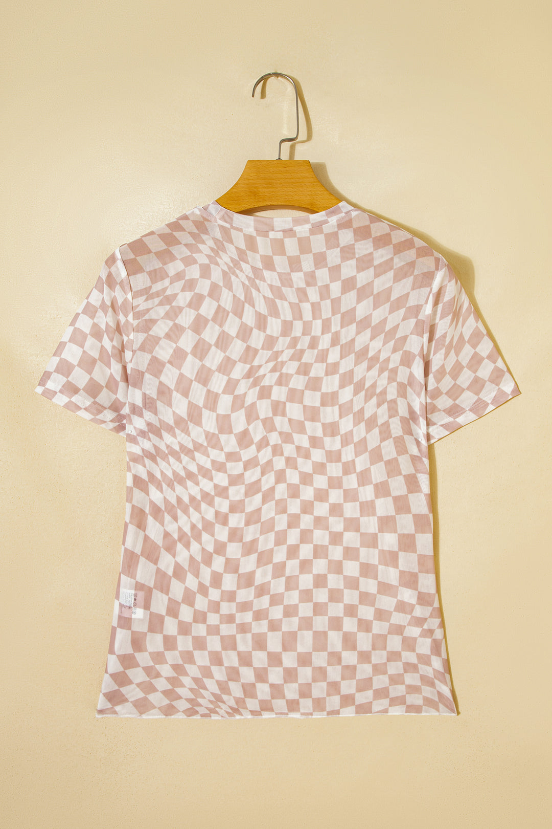 Khaki Checkered Print Crew Neck Mesh T Shirt