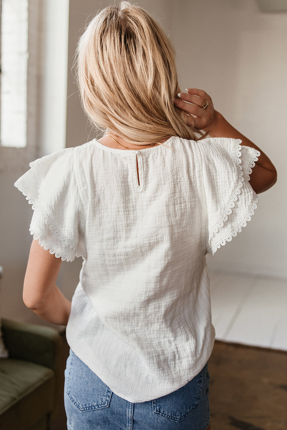 crinkled layered ruffled flutter sleeve blouse