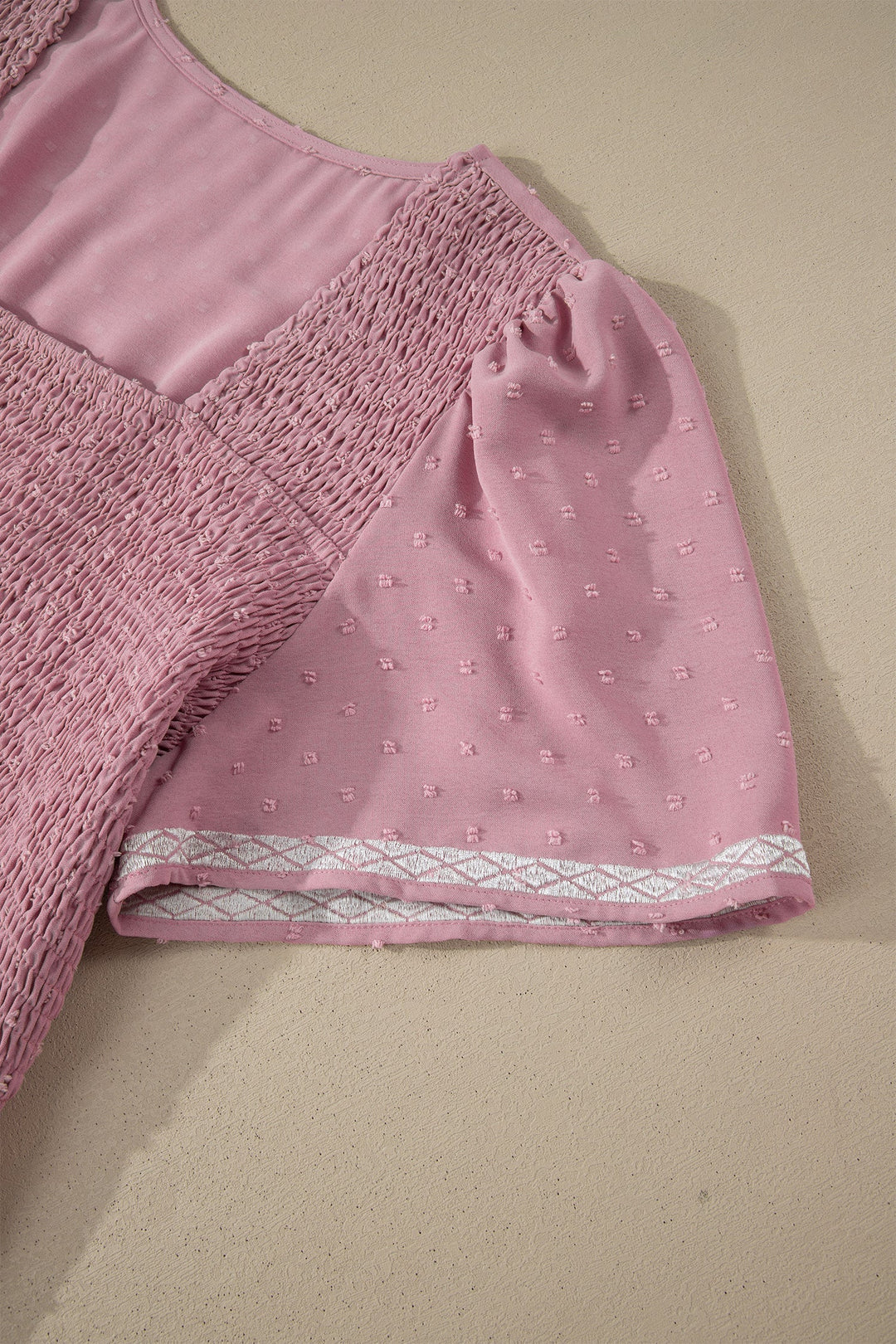 Pink Plus Size Swiss Dot Short Sleeve Smocked High Waist Flowy Midi Dress