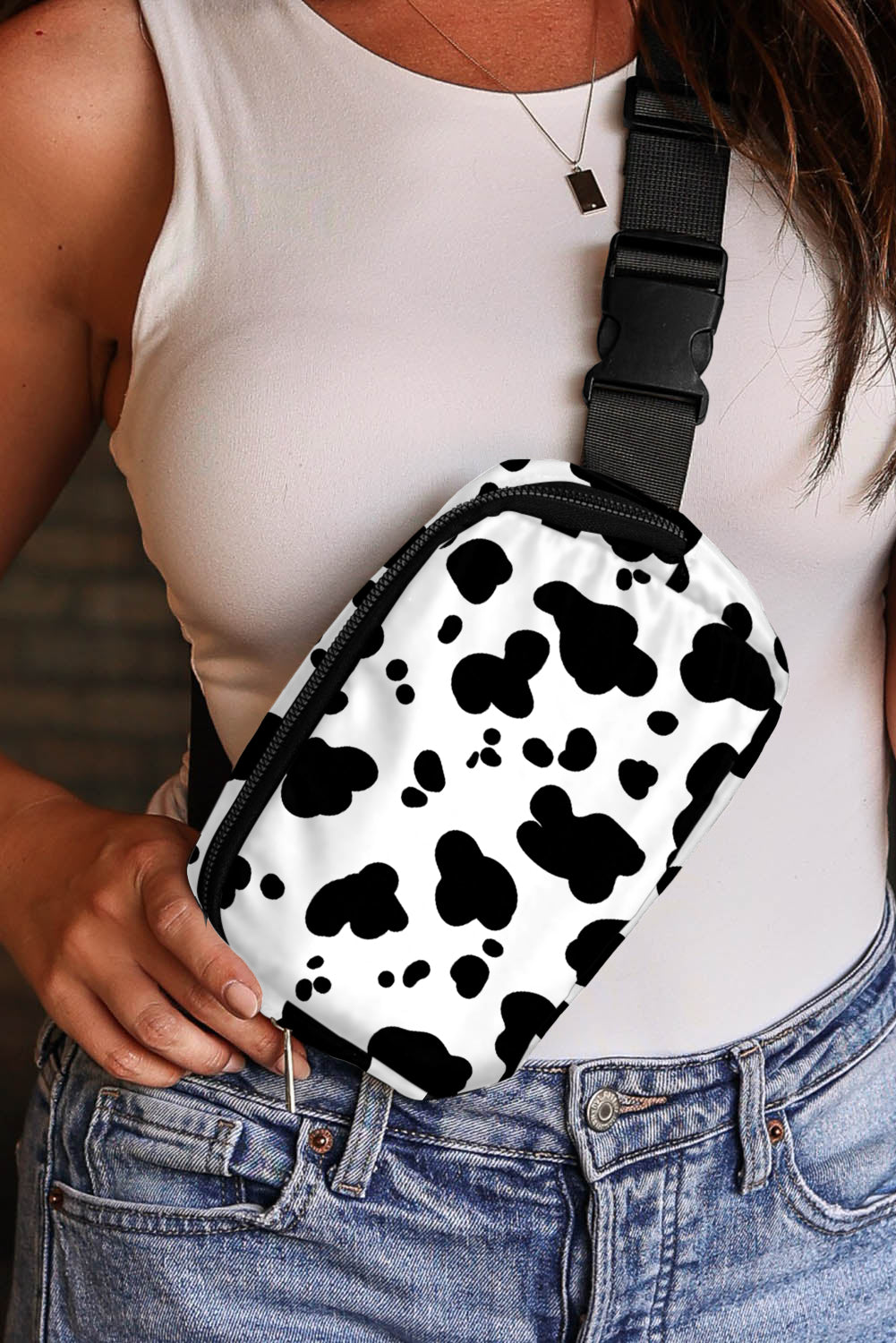 Cow Pattern Print Buckle Wide Belt Inclined Shoulder Bag