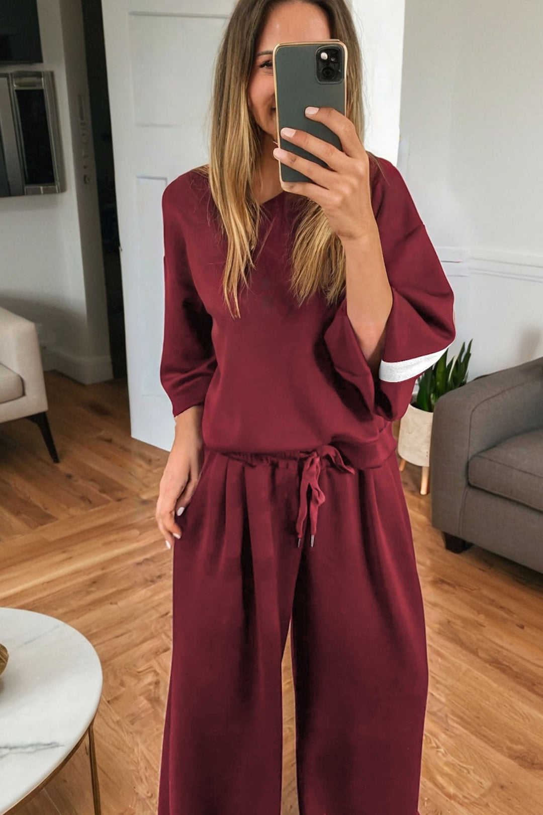 Burgundy Varsity Striped Long Sleeve Pullover Drawstring Sweatpants Set