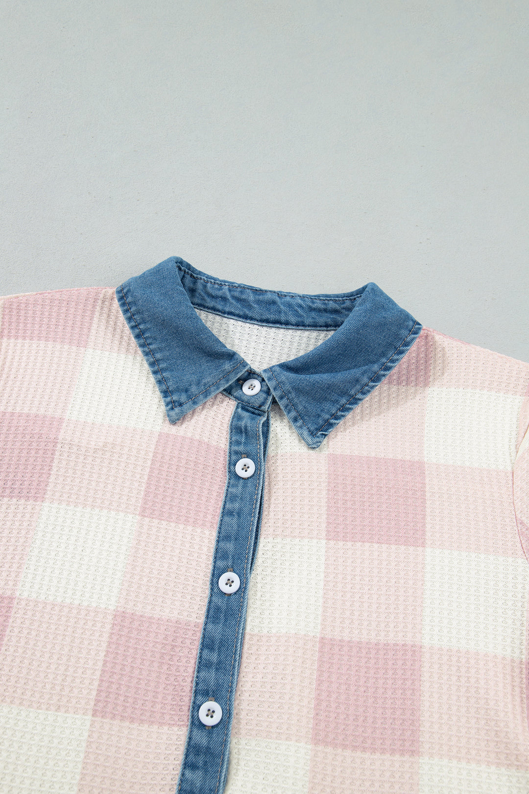 Pink Waffle Plaid Print Contrast Denim Shirt Collar T Shirt Mini Dress