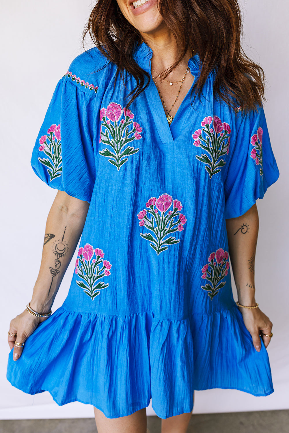 Blue Flower Embroidered Split Neck Short Sleeve Ruffle Hem Dress