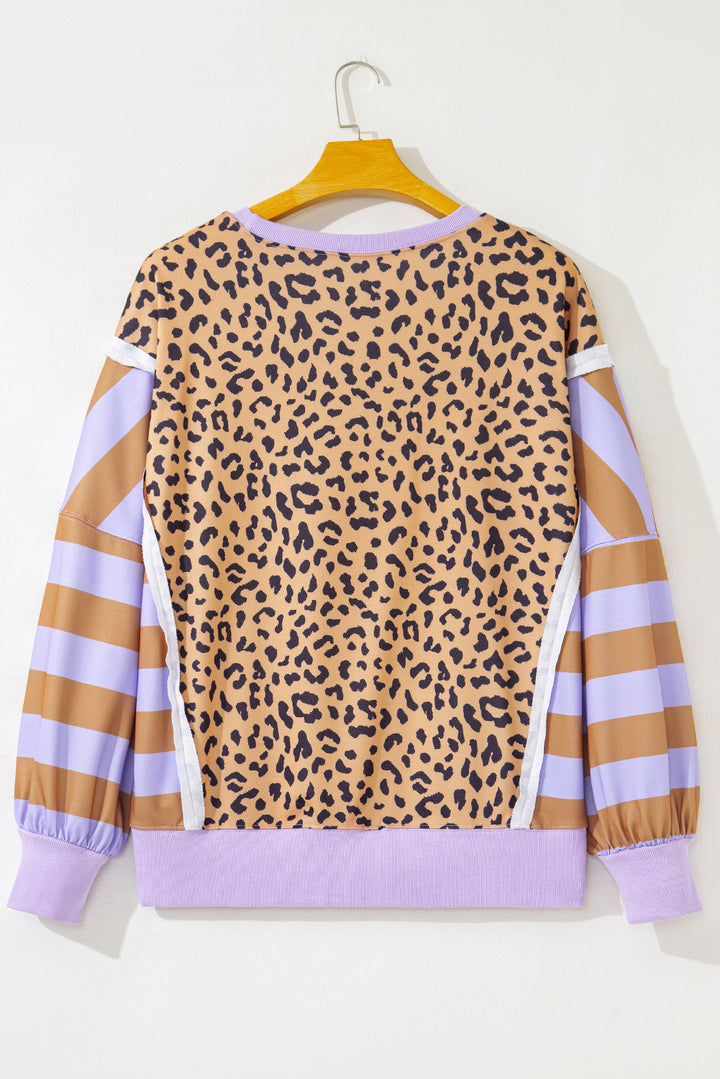 Purple Leopard Striped Patchwork Plus Size Loose Sweatshirt