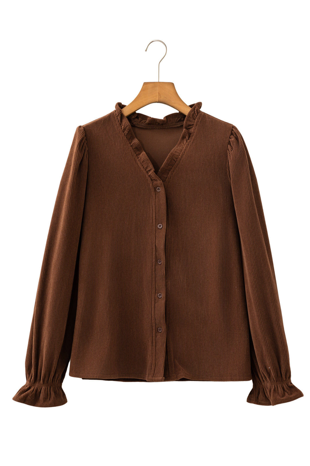 Coffee Solid Color Long Sleeve Button Corduroy Shakcet