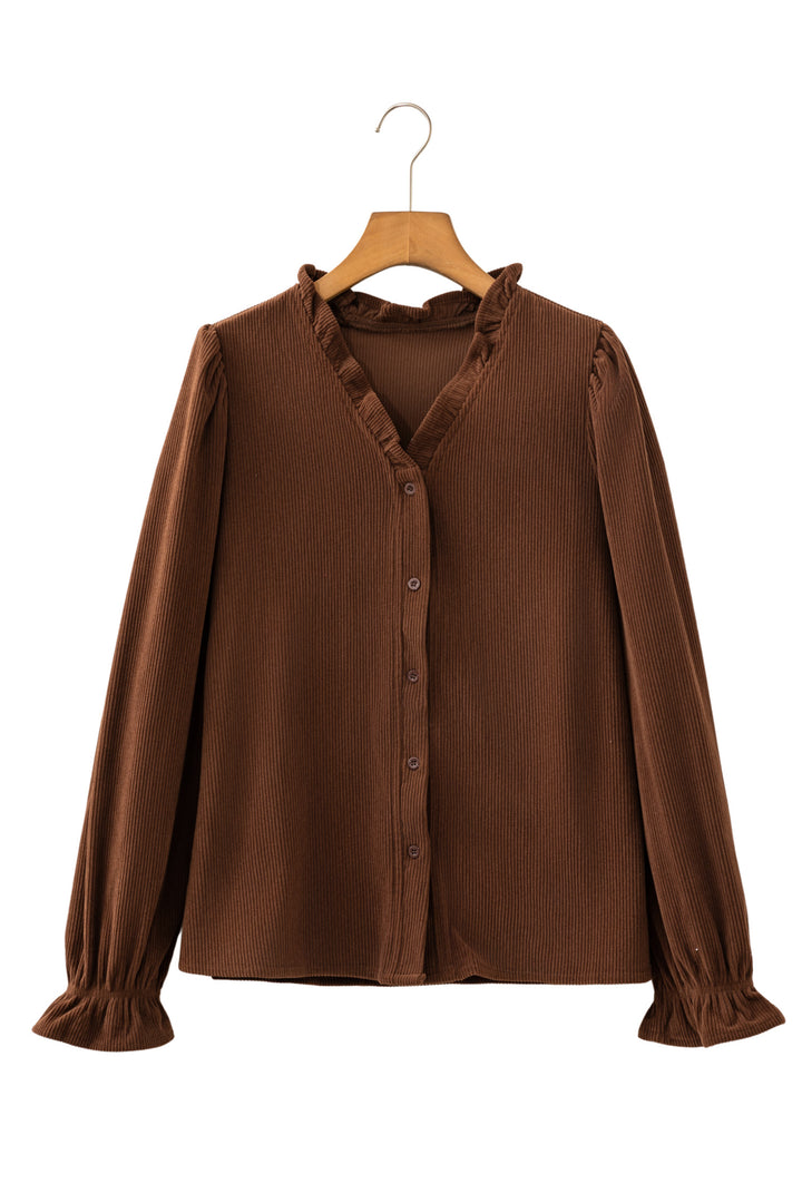 Coffee Solid Color Long Sleeve Button Corduroy Shakcet