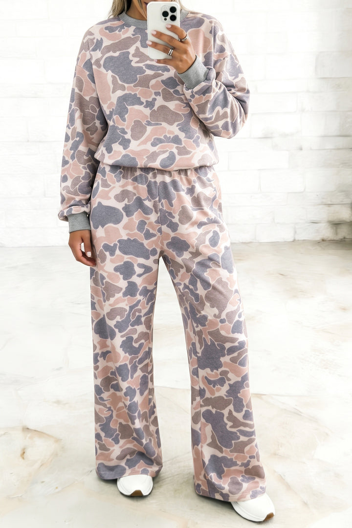 Multicolour Camouflage Print Long Sleeve Top Loose 2pcs Pants Set