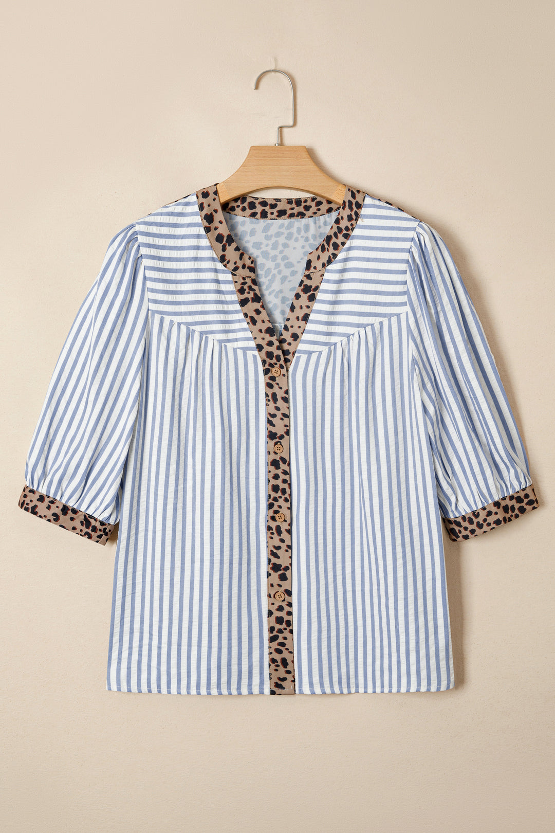 Leopard Trim V Neck Button Down Half Sleeve Shirt