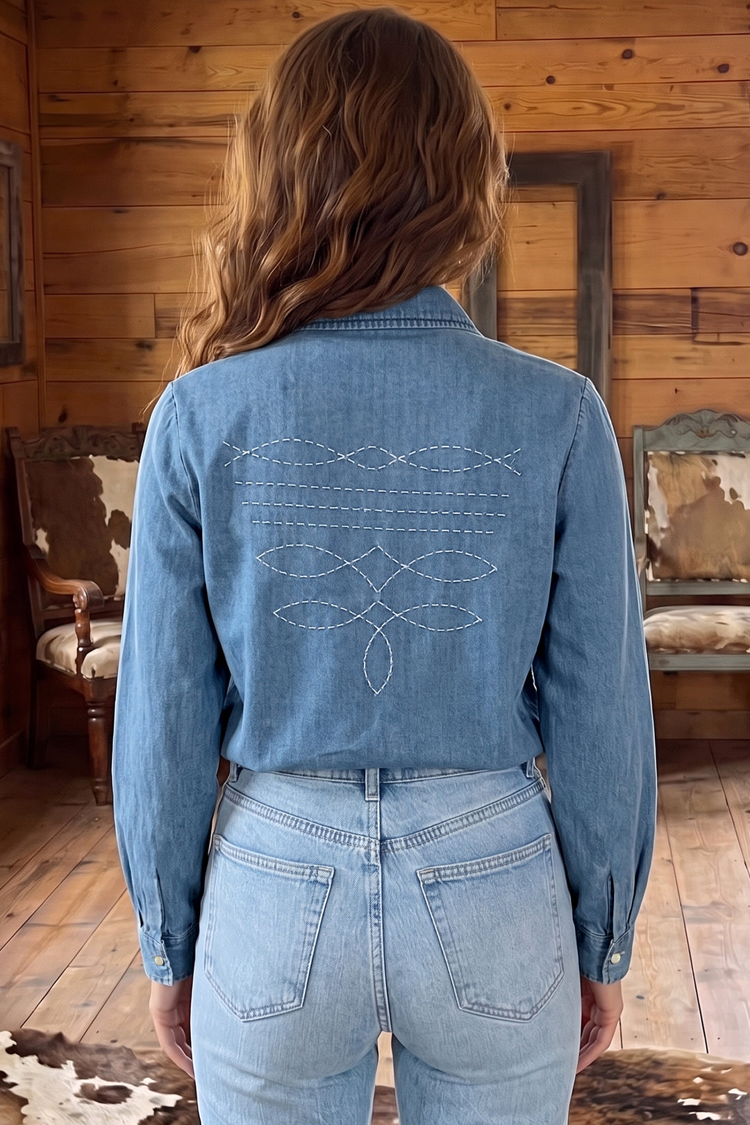 Myosotis Embroidered Western Detail Long Sleeve Collar Denim Shirt