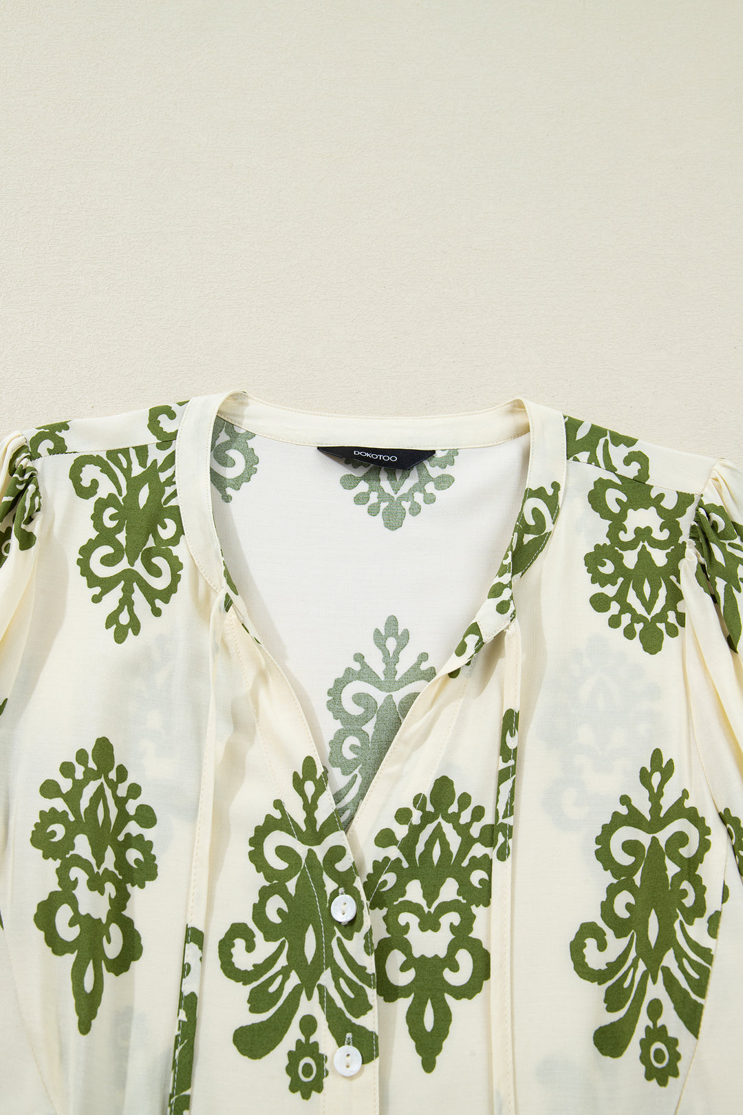 Floral Print Tie V Neck Button Down Puffy Half Sleeve Shirt