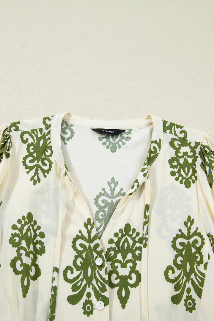 Floral Print Tie V Neck Button Down Puffy Half Sleeve Shirt