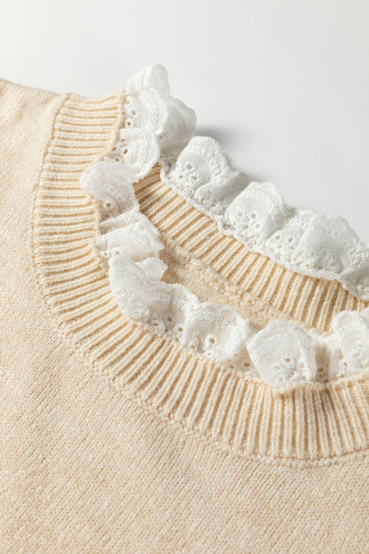 Lace Trim Patchwork Buttoned Cuffs Loose Sweater