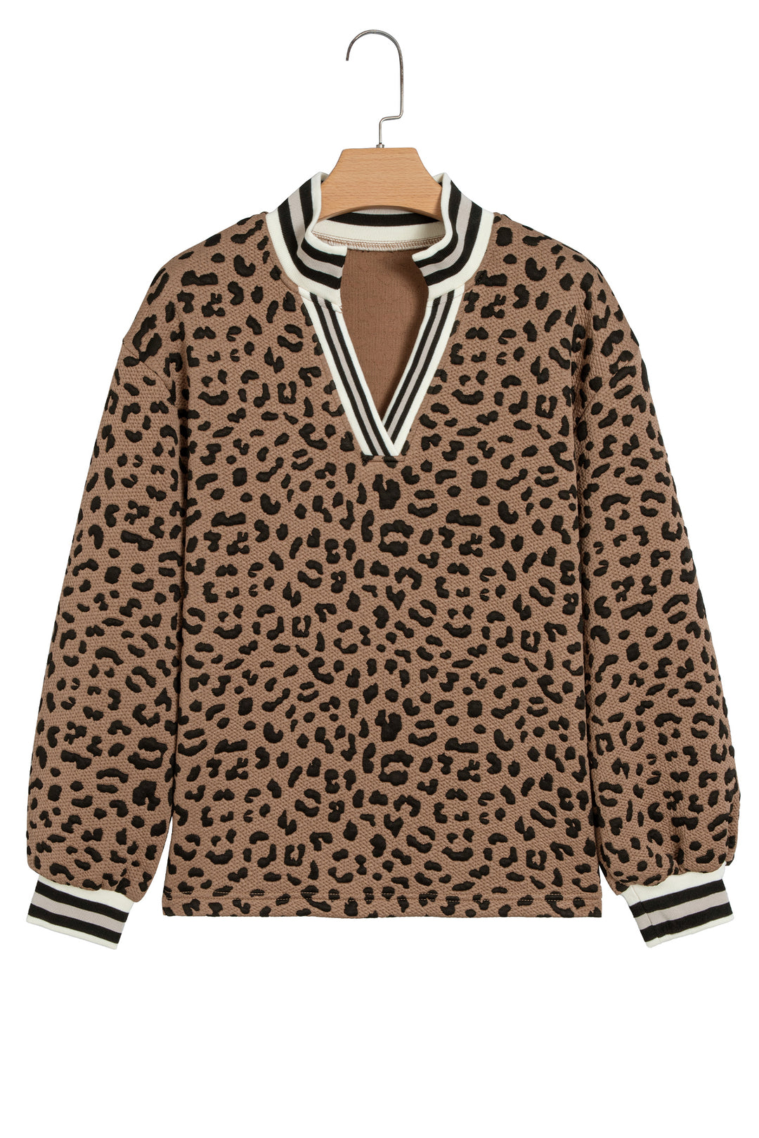 Brown Leopard Print Striped Trim Collar Long Sleeve Shift Pullover