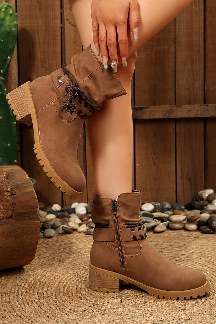 Faux Suede Contrast Rope Detail Side Zip Boots