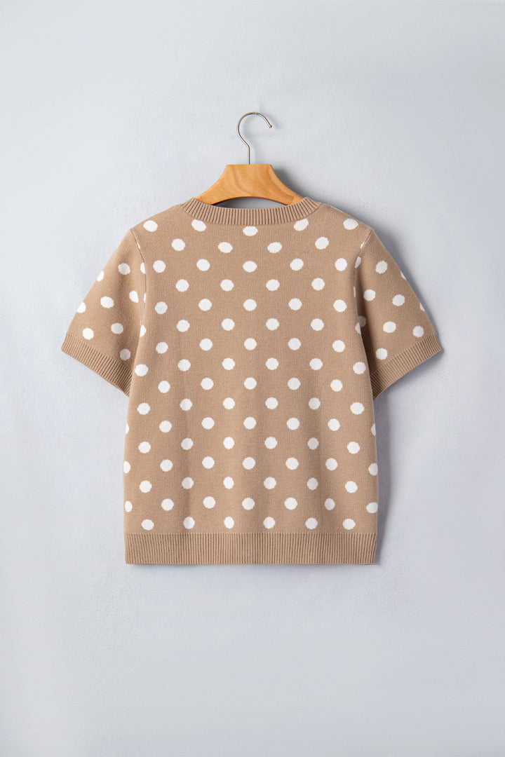 Dark Khaki Polka Dot Short Sleeve Button Down Sweater Cardigan