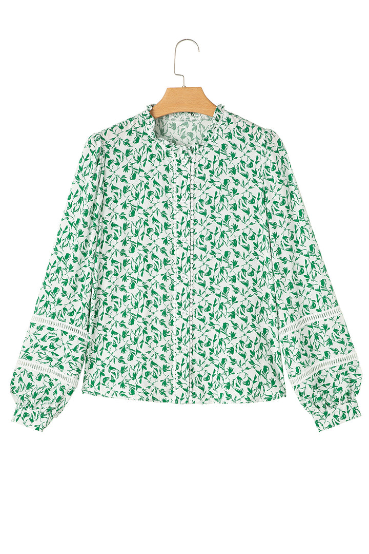 Green Printed Lace Detail Floral Puff Sleeve Fall Shirt