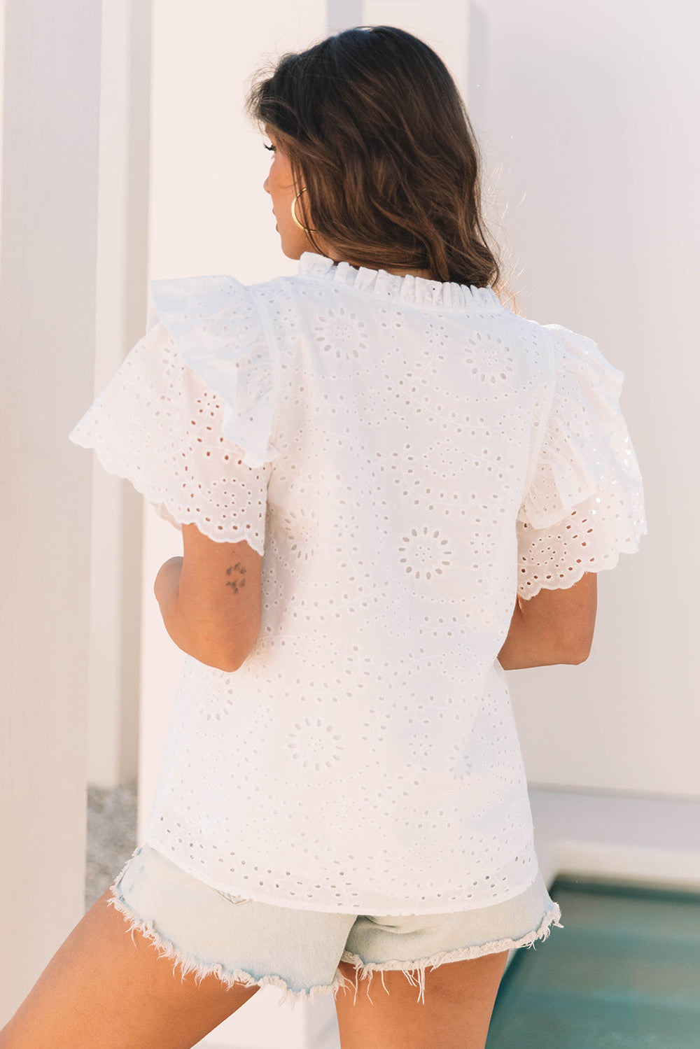 broderie anglaise ruffle short sleeve blouse