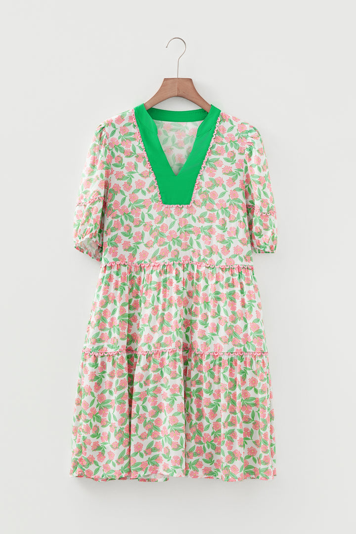 Contrast Neckline Ricrac Trim Floral Short Puff Sleeve Dress