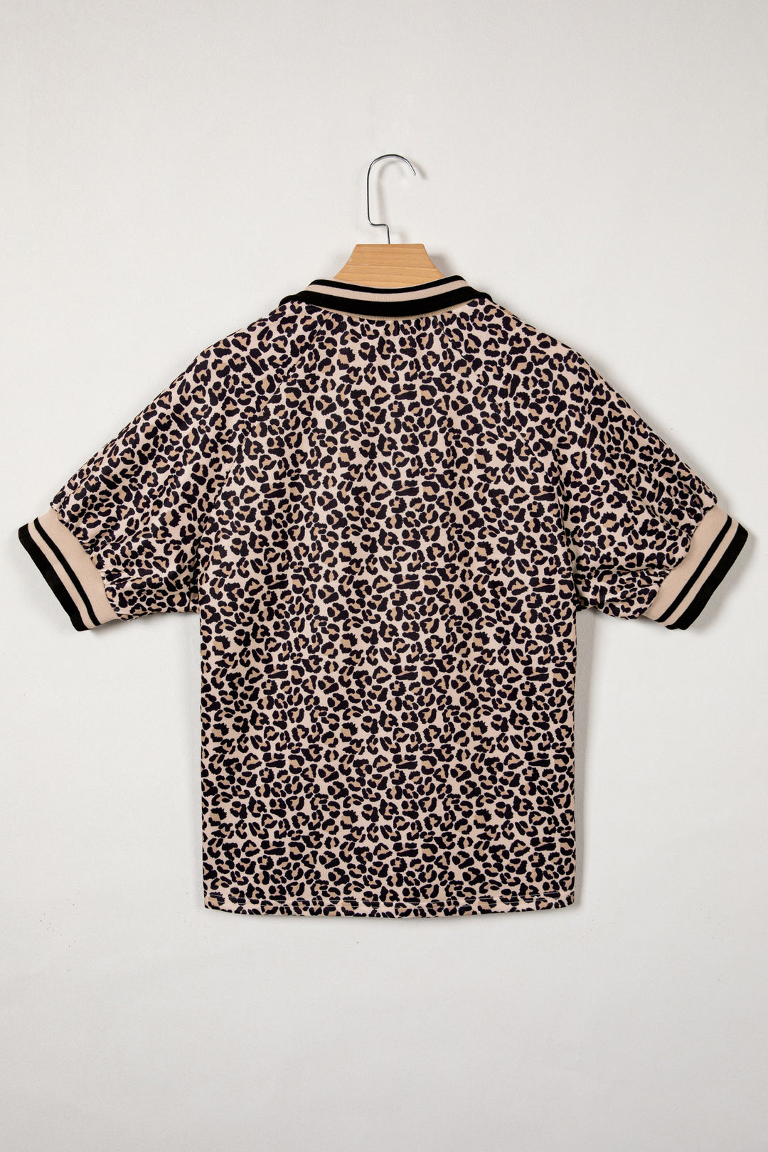 Leopard Print Half Zip Striped Trim Patchwork Short Sleeve Top