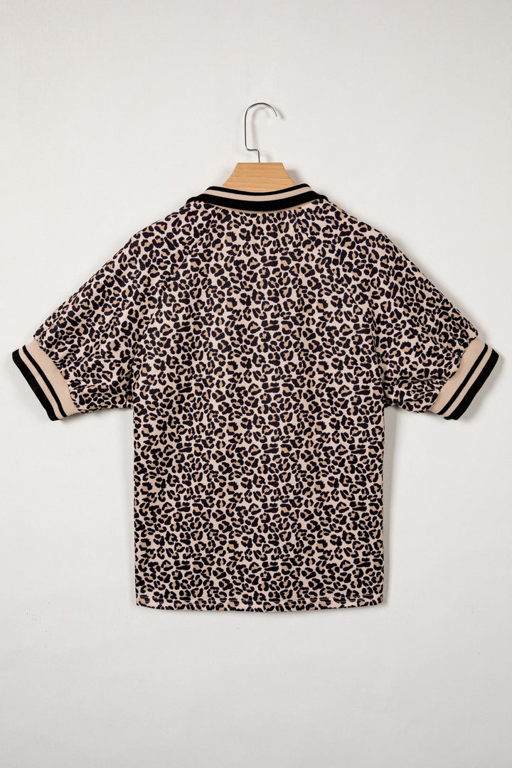 Leopard Print Half Zip Striped Trim Patchwork Short Sleeve Top
