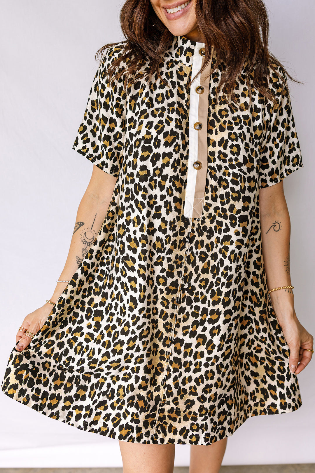 Half Buttons Short Sleeve Loose Leopard Mini Dress with Pockets