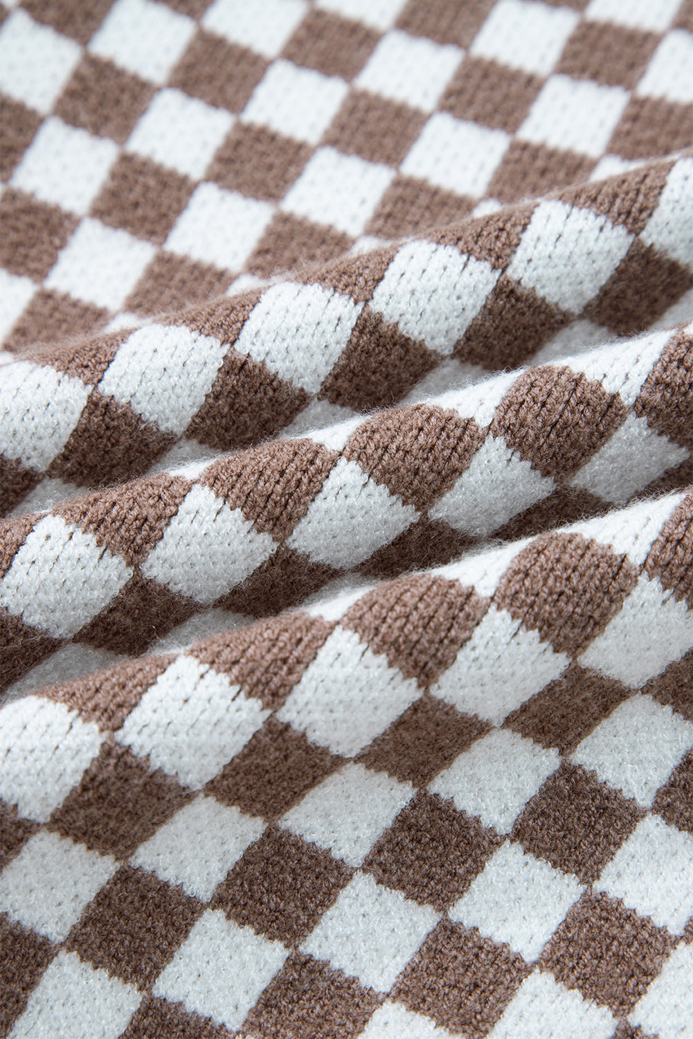 Half Button Ribbed Trim Checkerboard Knit Sweater