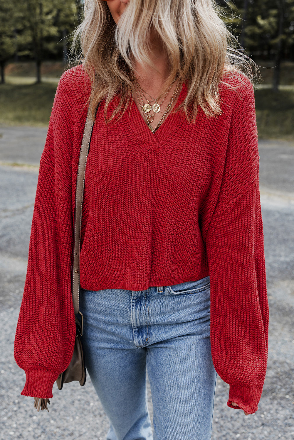 Solid Textured Knit V Neck Drop Shoulder Sweater