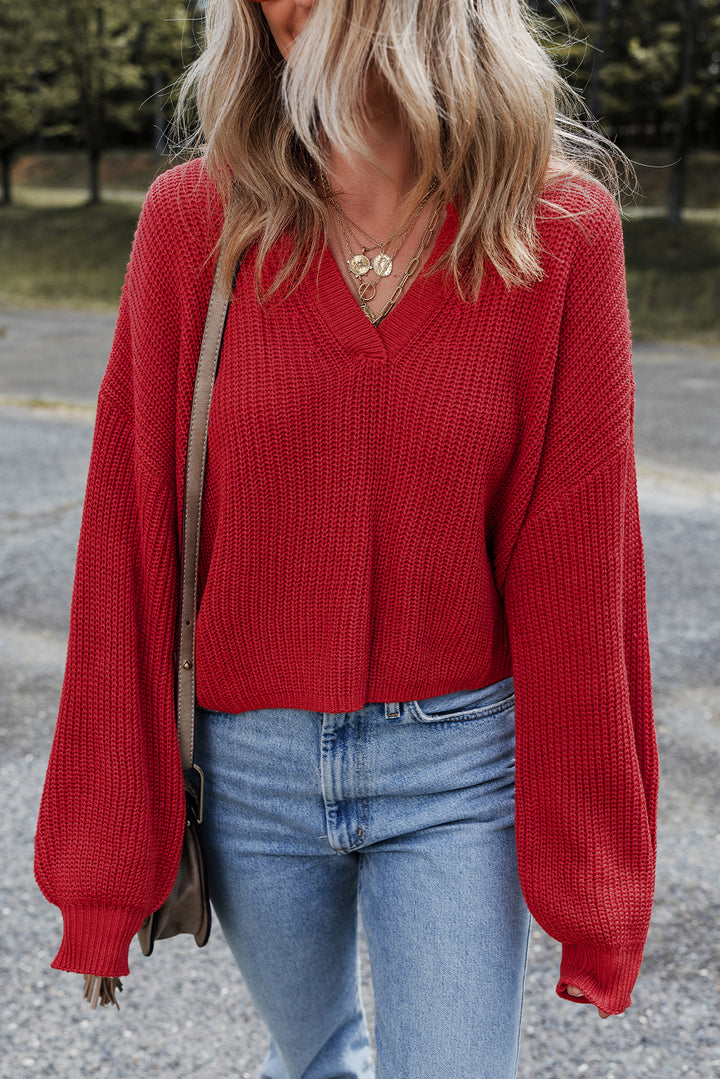 Solid Textured Knit V Neck Drop Shoulder Sweater
