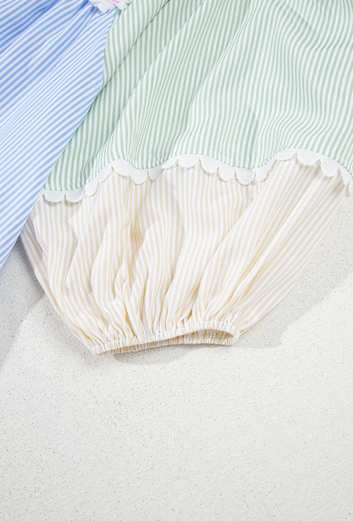 striped patchwork ric rac puff sleeve collared mini dress