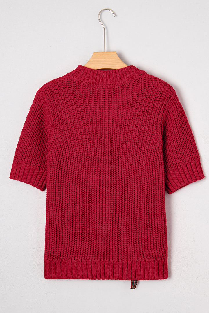 Plaid Lace up Detail Christmas Holiday Puff Short Sleeve Sweater
